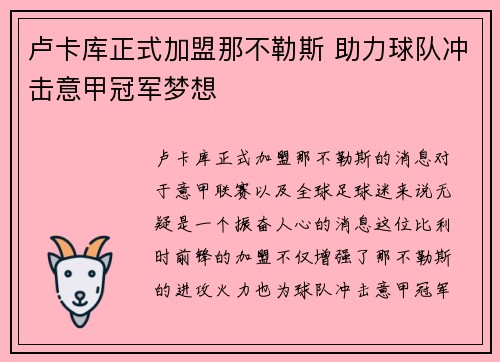 卢卡库正式加盟那不勒斯 助力球队冲击意甲冠军梦想